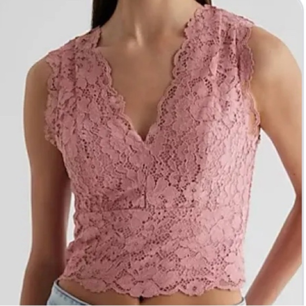 Express Rose/Blush Lace Smocked Slightly Cropped Sleeveless Top